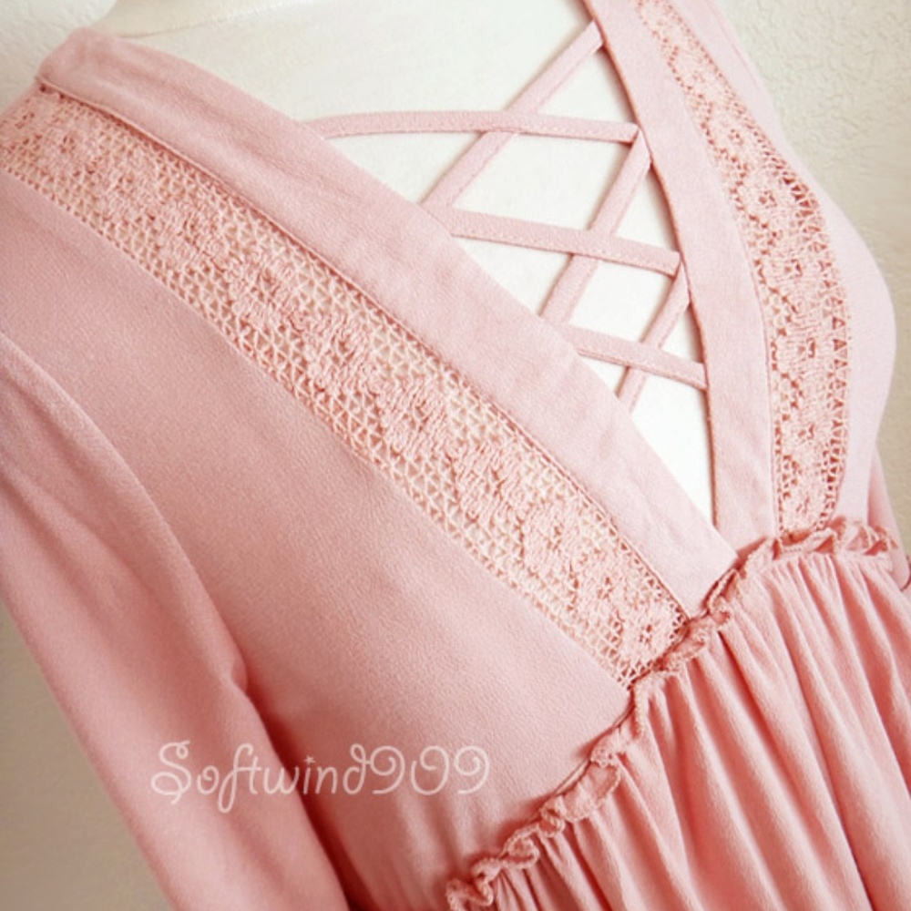 Last☝️Pink Laced Up Bell Sleeves Boho Swing Dress - Picture 3 of 8